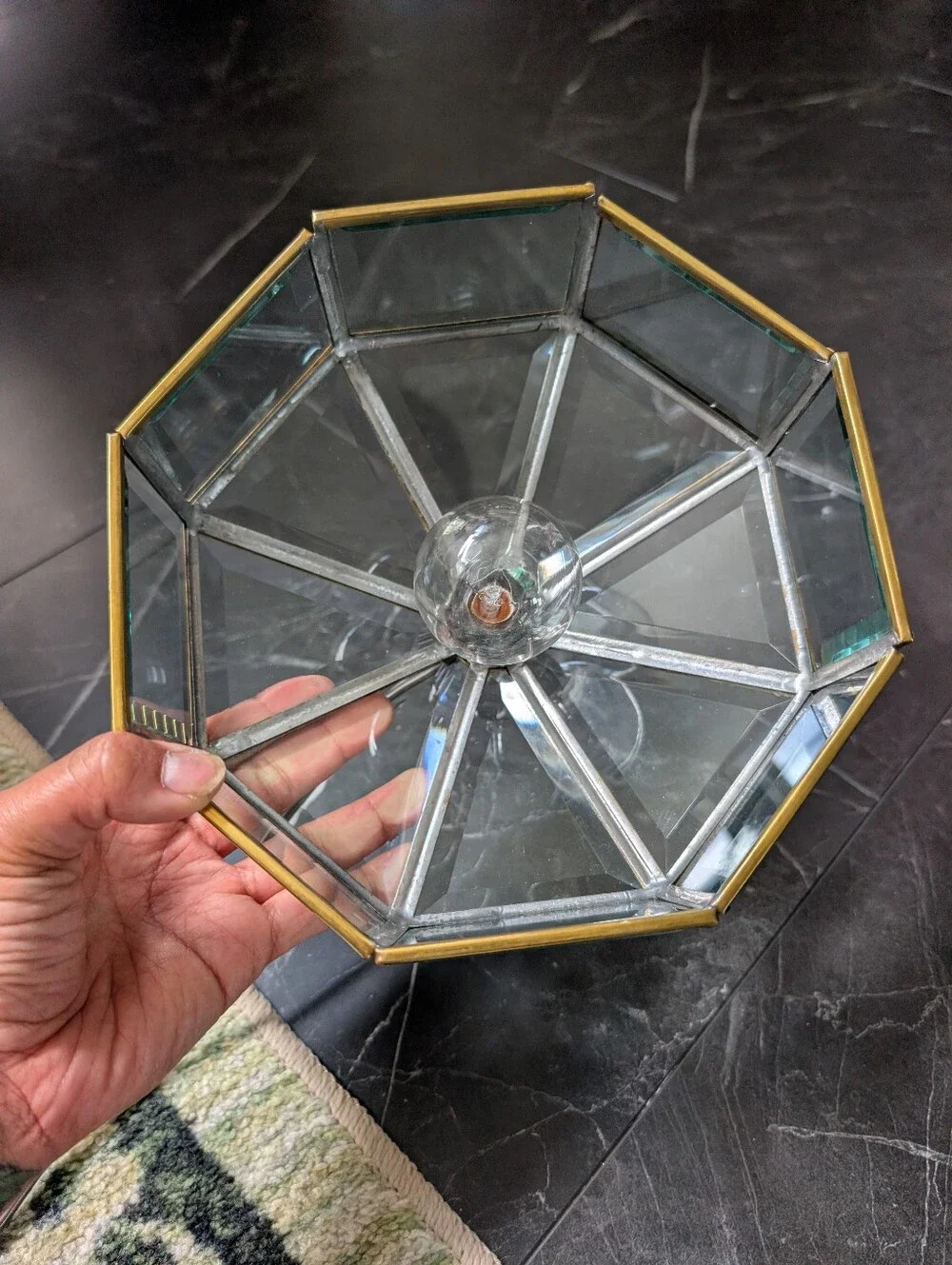 Vintage MCM Small pendant light, hexagonal brass frame, beveled glass, swag